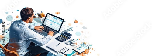 digital illustration of business man working on laptop computer on desk at office surrounded by financial document and calculator, business finance strategy, investment, digital technology concept