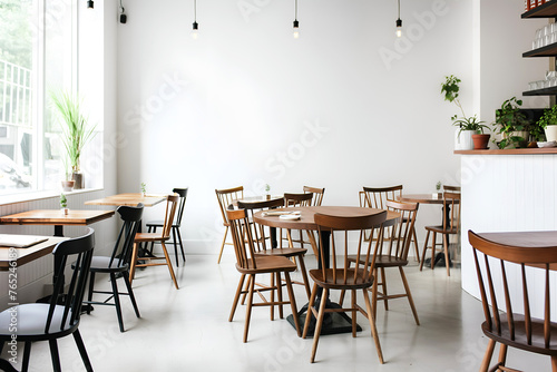 Interior Cafe Business Seating Area, Empty Wall Mockup In White Room With Serving Tables And Chairs, 3d Render Real Room Template