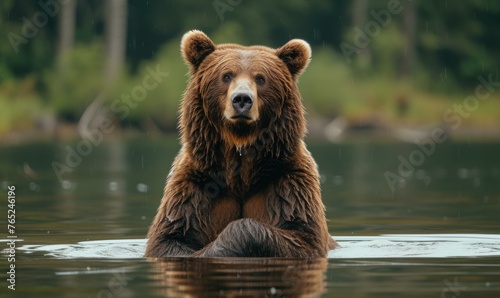 A brown bear sitting in the water with its paws crossed. Generative AI.