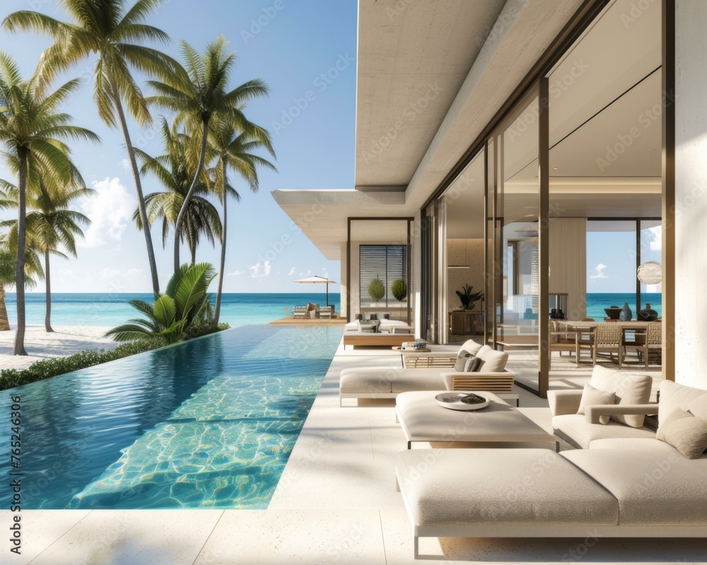 Fototapeta premium A pool and lounge chairs by the ocean next to a house. Generative AI.