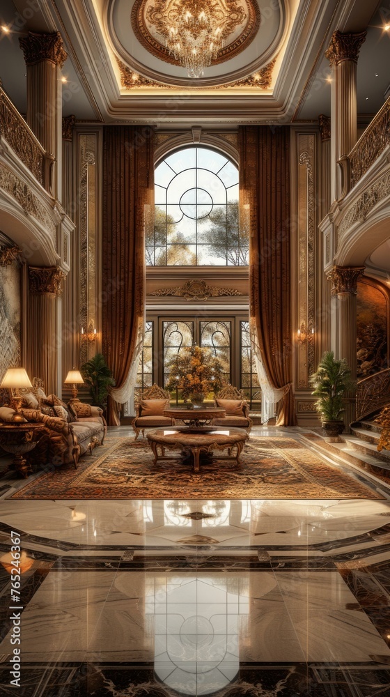 A fancy living room with a chandelier and marble floors. Generative AI.