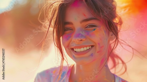 Portrait of happy young girl on holi color festival. photo