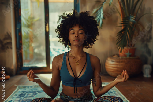 Yogi black woman practicing yoga lesson breathing meditating doing Ardha Padmasana exercise Half Lotus pose with mudra gesture working out indoor close up Well being wellness concept photo