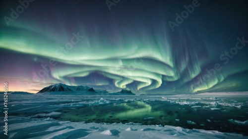 The aurora borealis is seen over the ice in this photo. Generative AI.