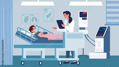 A female doctor in a white coat visits a patient resting in a hospital bed to listen to the patient's concerns. Medical clinic room with doctor and patient. Medicine, disease concept.