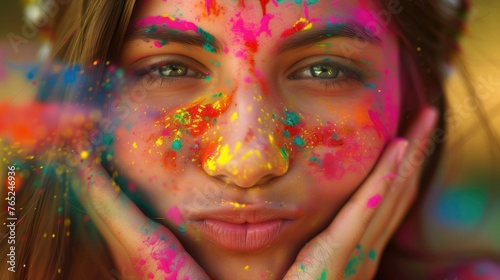 Pretty Young indian smart girl with face coloured with gulal for festival of colours Holi blowing holi color powder, a popular hindu festival celebrated across india photo