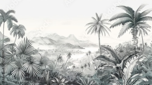 Beautiful tropical landscape with palm trees and tropical leaves wallpaper. Hand Drawn Design. Luxury Wall Mural