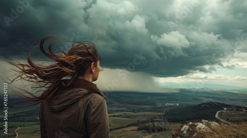 A woman stands on the edge of a cliff her hair whipping around her face as she watches ominous storm clouds roll in. She braces herself against the gusts determined to document