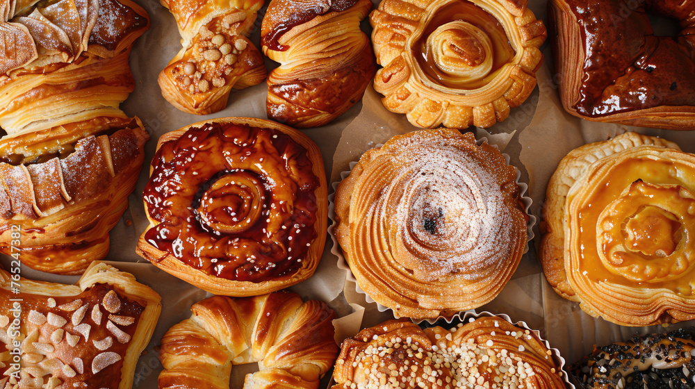 Assortment of Danish pastries in a bakery display, Top view,