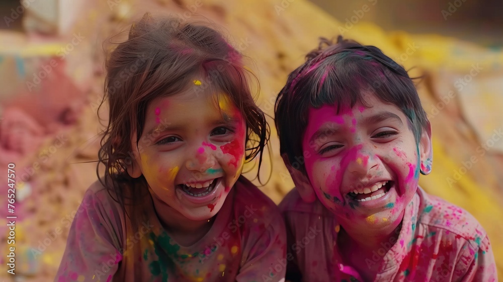 Two Indian child playing with the color in holi festival Two Indian child playing with the color in holi festival