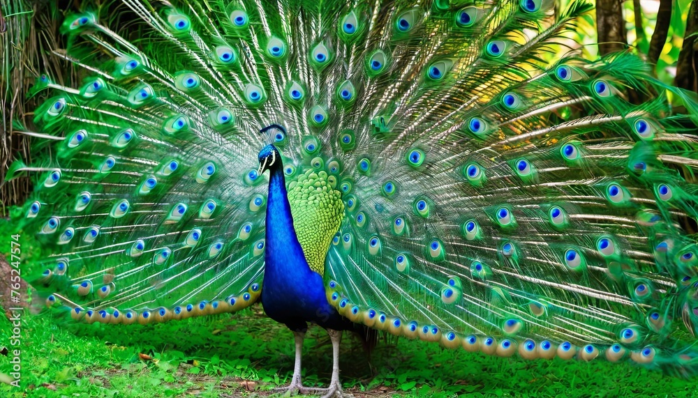 Obraz premium Tropical Wonderland Graceful Peacock Amidst the Verdant Jungle Canopy