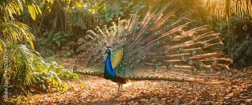 Exotic Pavo Cristatus Splendid Peacock Amid Lush Jungle Habitat photo