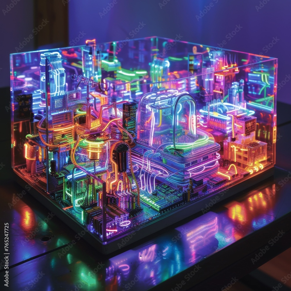 A 3D model of a tech city with intricate neon lighting, reflecting advanced urban planning and futuristic design