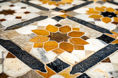 A closeup of an intricate geometric pattern with hexagons and flowers, composed in shades symbolizes beauty and luxury, reflecting ancient Persian architecture Generative AI