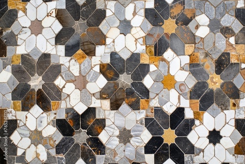 A pattern of hexagons and flowers in shades of mustard, brown, grey and white on an ancient Indian stone floor Generative AI photo