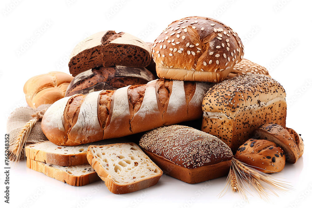 Heap of bread loafs on white background.