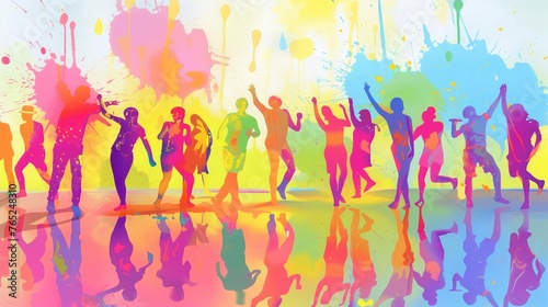 Vector illustration of Holi festival background. Happy Holi Text with People dancing, playing with Colors,