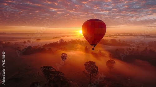 Group of hot air balloons soaring in the sunset sky