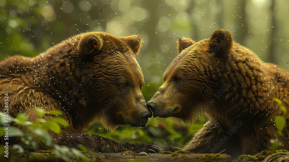 Obraz premium Two brown bears are captured in this image.