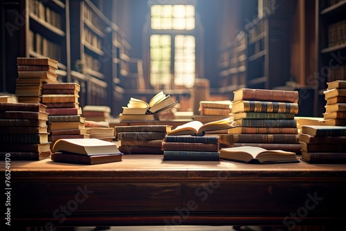 Education learning concept with opening book or textbook in old library and aisle of bookshelves in school study class room background - generative ai