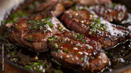 A close-up view of a plate of steak drenched in savory sauce, showcasing the juicy meat and rich flavors.