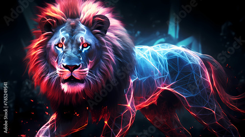 Lion Portrait Animal Plexus Neon Black Background Digital Desktop Wallpaper HD 4k Network Light Glowing Laser Motion Bright Abstract