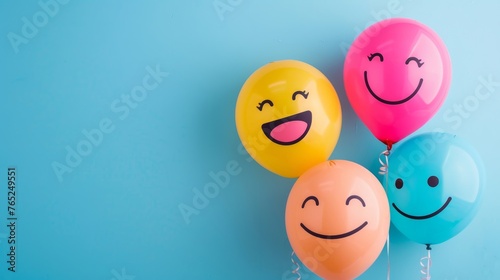 Celebrate world laughter day. Joyful emoticon balloons.