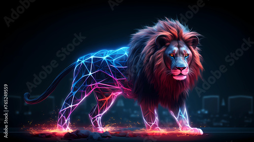 Lion Animal Plexus Neon Black Background Digital Desktop Wallpaper HD 4k Network Light Glowing Laser Motion Bright Abstract © Sorab