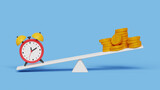 Less time for more money concept. Long term investment or savings, control or make decision concept. Time clock and dollar coins stack on seesaw or balance scale. 3d illustration