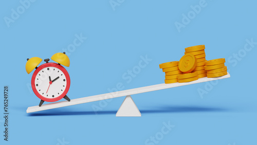 Less time for more money concept. Long term investment or savings, control or make decision concept. Time clock and dollar coins stack on seesaw or balance scale. 3d illustration photo