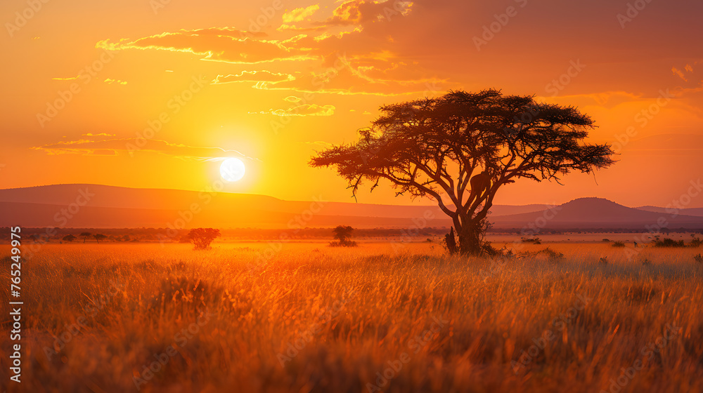 A tree standing tall in the middle of a field at sunset, with a red sky reflecting in the afterglow. The natural landscape is peaceful, with grass swaying gently in the dusk