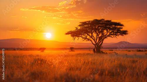 A tree standing tall in the middle of a field at sunset  with a red sky reflecting in the afterglow. The natural landscape is peaceful  with grass swaying gently in the dusk