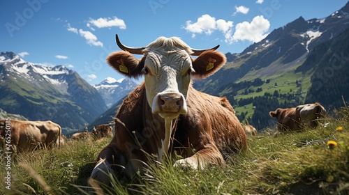 Breathtaking image of a cow peacefully grazing in a meadow with snow-capped mountains in the background. Generative AI photo