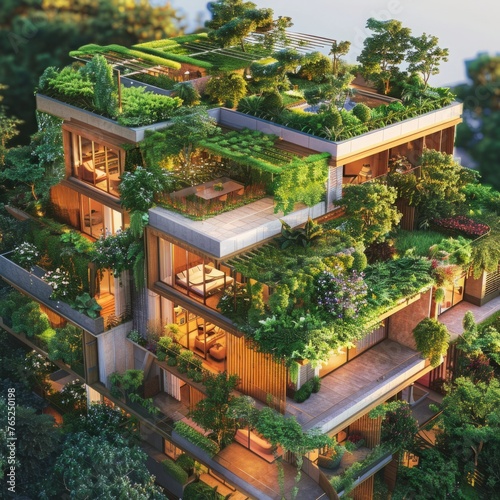 View of a house with roof gardens. Environmental protection concept