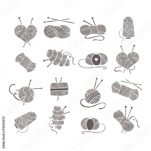Knitting icons set, balls of yarn, skeins, knitting needles and hook. Sketch, design elements, vector