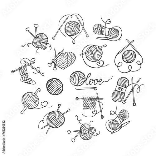 Knitting icons set, balls of yarn, skeins, knitting needles and hook. Sketch, design elements, vector