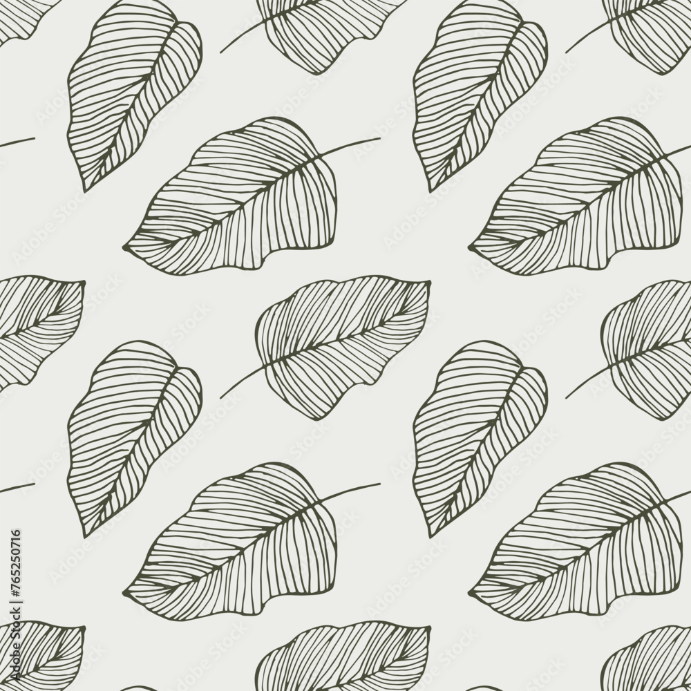 Seamless pattern, line drawing of contour leaves on a light background. Background, textile, vector