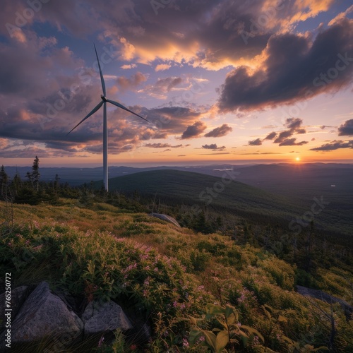 Renewable energy wind farm along a ridge in the mountains