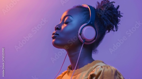 beautiful black woman listening to music with headphones on purple background in high resolution and high quality