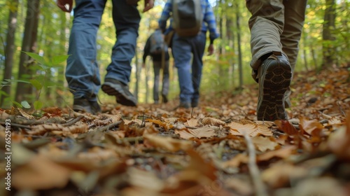 A group of hikers navigates through a tranquil forest the only sounds being the crunch of leaves under their feet and the occasional rustle of a small animal scurrying by.
