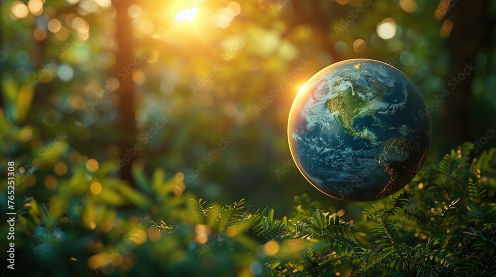 Earth in Nature: 3D Render with Forest Sunset Background