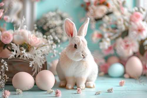 photorealistic backdrop for easter shooting , colorful egg and little bunnies , pastel colors , © Vodkaz