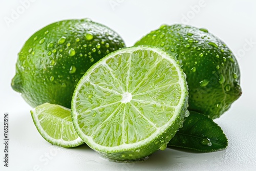 Realistic photograph of a complete Green lime with cut in half and slices