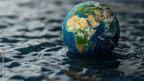 3D Earth Globe Adrift Floating In Water: Climate Change and Flooding Crisis Concept