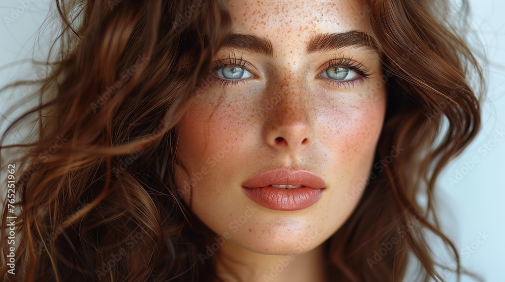 A close-up view of a woman with prominent freckles on her face, showcasing natural skin features. A close-up view of a woman with prominent freckles on her face, showcasing natural skin features.