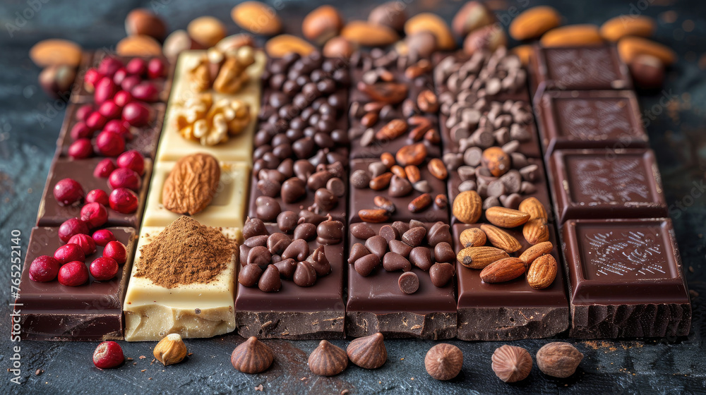 Side view of chocolate bars and nuts arranged in a mouth-watering display, Tempting textures, nuts Side view of chocolate bars and nuts arranged in a mouth-watering display, Tempting textures, nuts