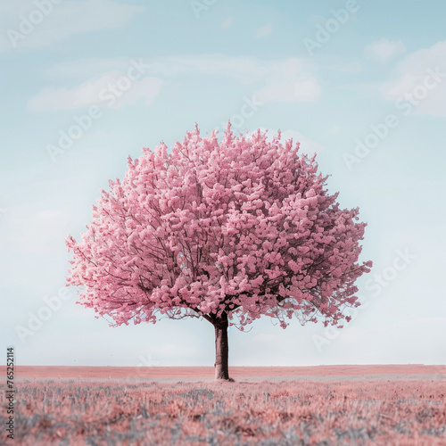 Solitary Cherry Blossom Tree in Serene Landscape