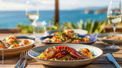 The picnic table is adorned with colorful plates of stuffed lobster tails zesty seafood pasta and decadent grilled scallops all served with a side of ocean views. © Justlight