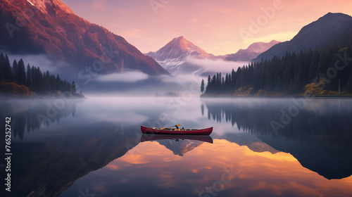 Serene Kayaking at Sunrise in Mountain Lake