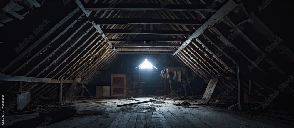 An empty attic with bright light streaming through a window in the background